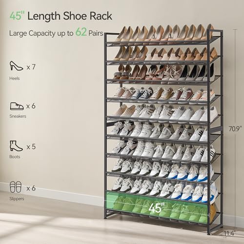 Image of Nunsino Shoe Rack, Long Shoe Organizer,Max Holds 62 Pairs,10 Tier Metal Shoe Storage Shelf,5-Tier Stackable Shoes Organizer for Garage, Entryway,Black