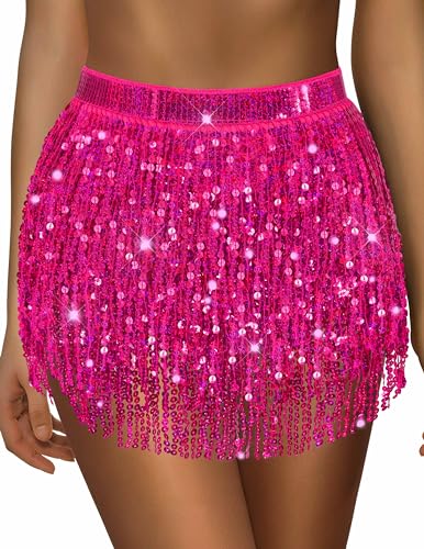 Pink Fringe Skirt Neon Tassel Skirts Pink Sequin Skirt for Women Neon Sparkly Dress Rave Skirts Rave Costume Halloween