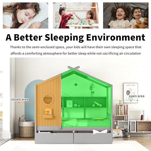 Linique Wooden Full Size House Bed with 2 Drawers and Storage Shelf,Full Platform Bed Frame with Pitched Roof,Gray