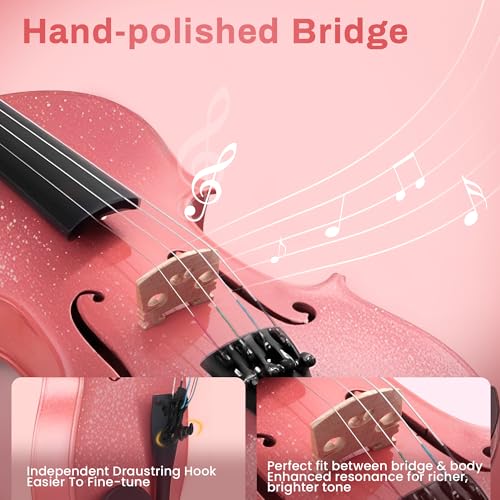 Image of Poseidon Violin for Beginner, Pink Violin Set with Acoustic Violin Fiddle for Students Violin Starter Kit /Hard Case, Bow, Rosin, Horse Bridge, Extra Strings, Shoulder Rest, Tuner, Instruction Manual
