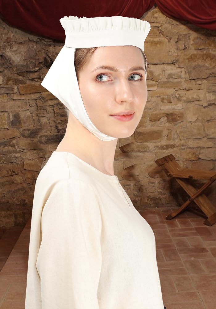 PROCOS Medieval Linen Headband for Women 14th Century Ruffled Fillet Barbette Hair Bandanas Wrap