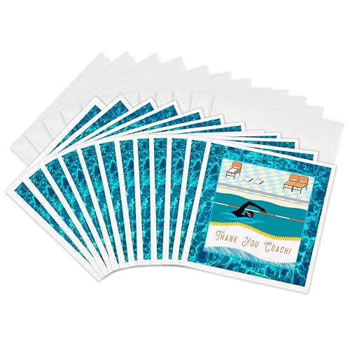 Cartes de vœux Thank you Coach de natation 3dRose | Lot de 12 cartes carrées 15x15 cm