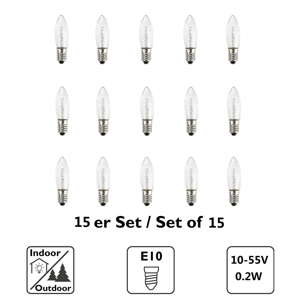 15 Pcs Replacement Bulbs AC E10 10V-55V 0.2W 2200K Warmwhite for String Lights, Christmas Garlands, Light Arch, Christmas Candlestick