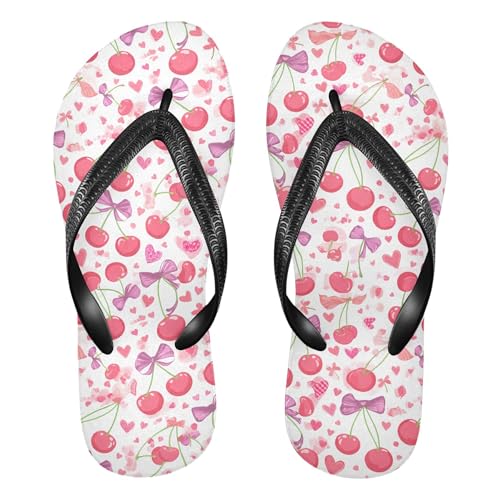 Burbuja Cherry Bows Hearts Flip Flops for Women Men, Soft Thong Sandals Rubber Slippers for Pool Beach Essentials