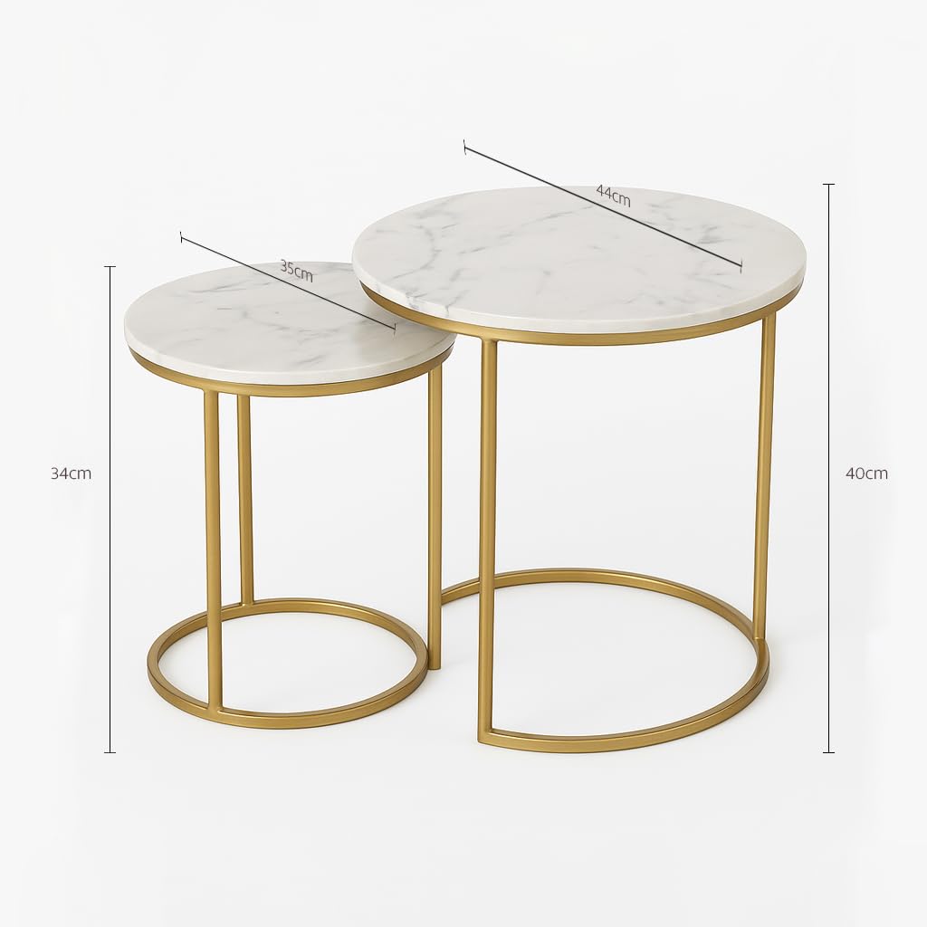 Generico DOMUSTREND Set 2 Tavolini da Salotto Rotondi, Piano Effetto Marmo Bianco e Base Oro, 44x44x40 cm e 34x34x35 cm, Stile Moderno Scandinavo