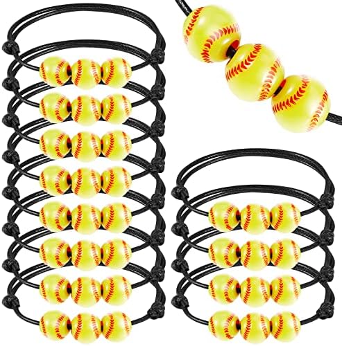 30 Pcs Ball Bracelet Sports Party Favors Ball Wristbands Sports Charm Bracelets Beads Jewelry Adjustable Inspirational Braided Bracelets for Teens Boys Girls Adults Team Gifts(White, Black,Softball)