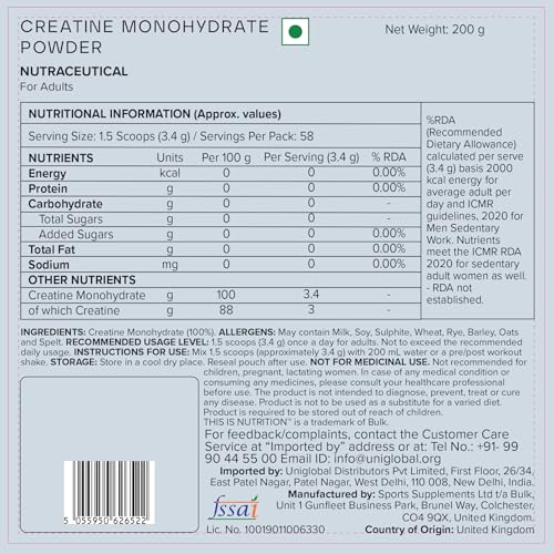 Image of Bulk Creatine Monohydrate 200g (0.44 lb) - Unflavoured Pure Supplement for Muscle Strength & Performance -Vegan, Non-GMO