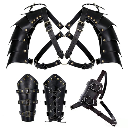 Cubrehombros medieval 3 en 1 con armadura de hombro, espada trasera, rana vintage, mercenario, Ren, Faire, accesorio de cosplay, Negro, One Size