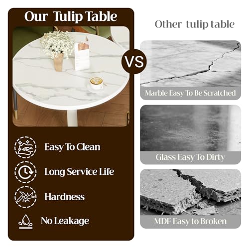 Image of 63 inch Tulip Table, Small Round Dining Table with 1.2 inch Thick Sintered Stone Tabletop and Golden Metal Pedestal Base, Bistro Table for Diner, Bar, Restaurant, kitchen, Bakery,Apartment (Marble Pure White)