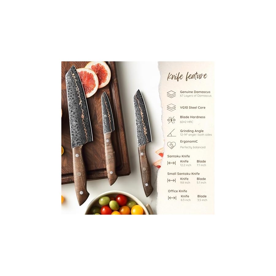Wakoli Damascus Kitchen Knife Set, 3-Piece Professional Chef Knife Set made from 67 Layers of Damascus Steel with Copper Inlay, Knives Set for Kitchen with Maple Stabilized Wood Handle (Kawa Series)