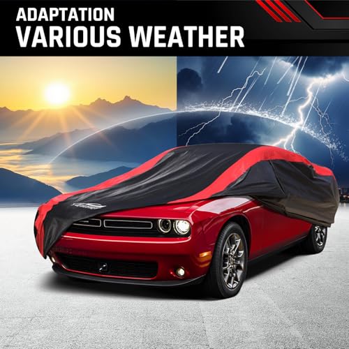 Image of Car Cover Custom Fit for Dodge Challenger 2008-2026 SXT RT ScatPack Hellcat | Red Strip Design, Cotton Liner for Paint Protection, Sun Rain Snow UV Proof, Door Zipper, Windproof Buckle, Storage Bag