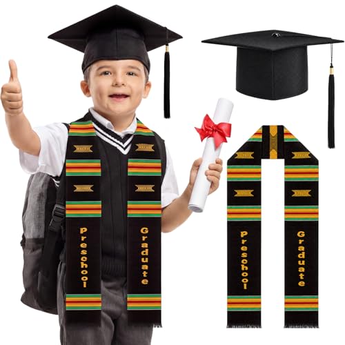 Jiuguva Preschool Graduation Cap and Stole Set, Kindergarten Graduation Hat and Sash with Tassel, Child Size, Kente Style, Black, One Size
