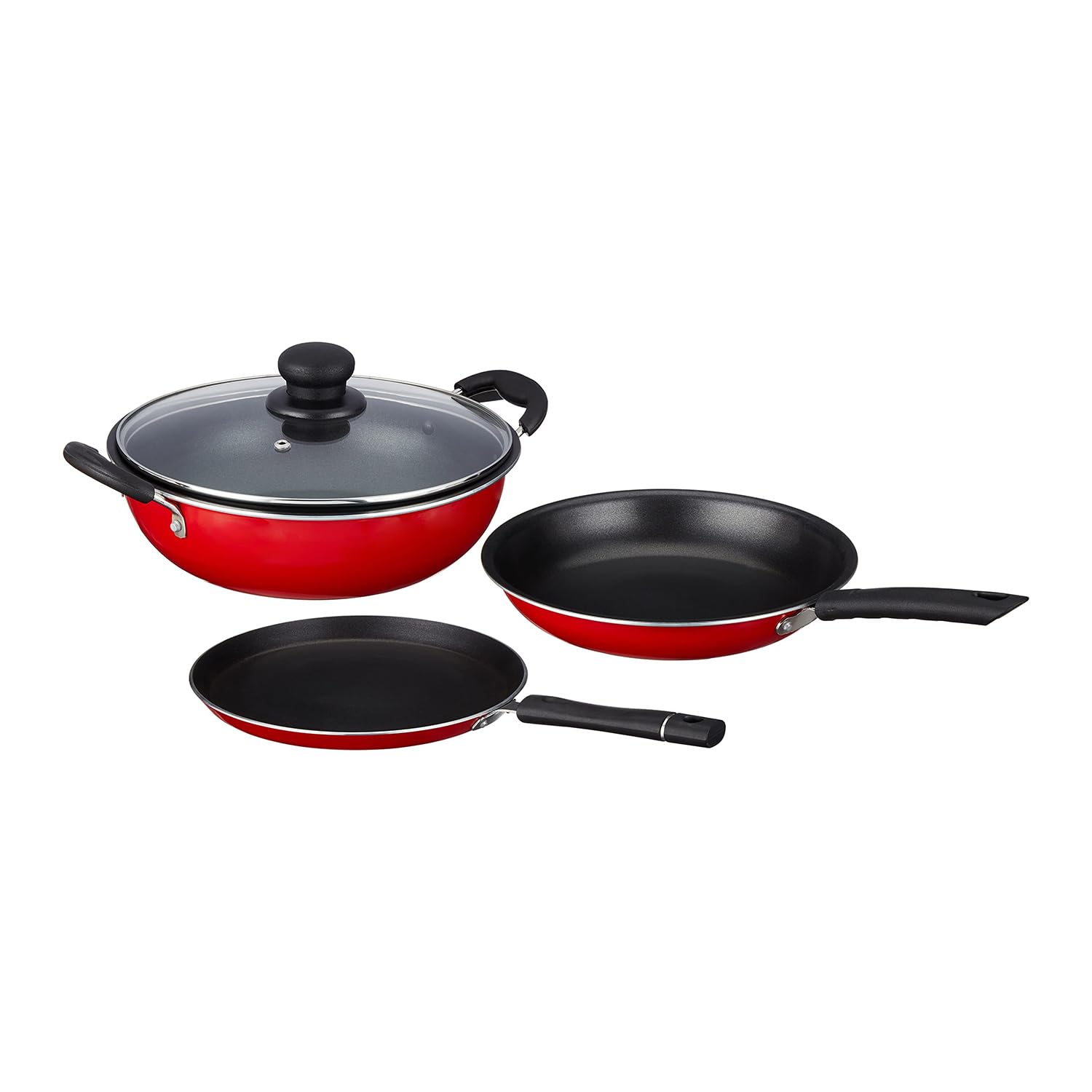 Amazon Brand – Solimo 3 pcs Non Stick cookware Sets, Tawa 25 cm, Kadhai 24 cm with Glass lid, Fry pan 24 cm (Red) Aluminium Amazon Brand – Solimo 3 pcs Non Stick cookware Sets, Tawa 25 cm, Kadhai 24 cm with Glass lid, Fry pan 24 cm (Red) Aluminium