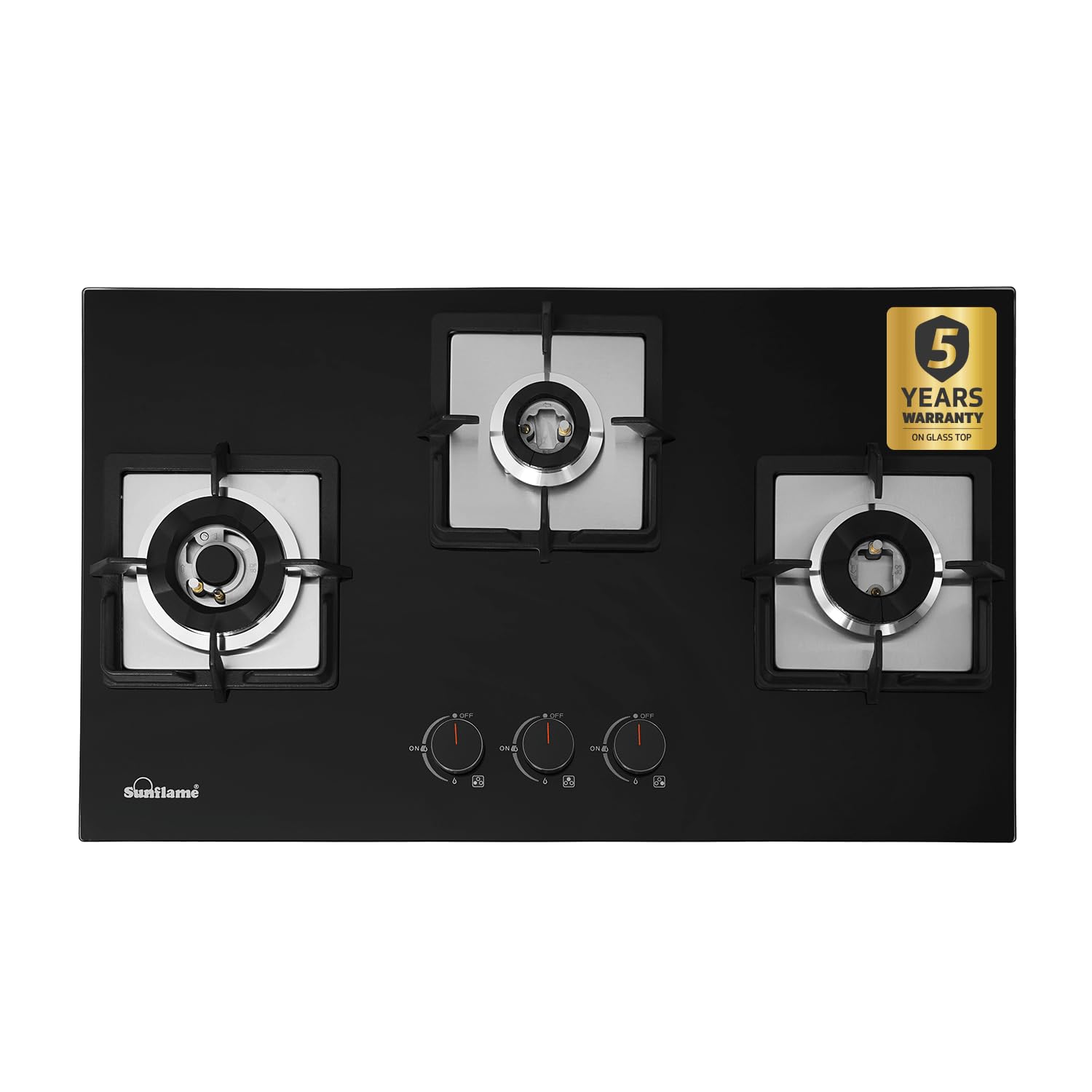 Sunflame 3 Burner Built-In & Countertop Flexi Hob 76 cm Wide | Flame Failure Detection | 5-Year Glasstop Coverage by Sunflame | Brass Burners with Crown Design | Cast Iron Pan Support with Flame Guard-image-0