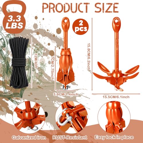 Image of Lounsweer 2 Pack 1.5 /3.5 lb Marine Kayak Anchor Kit Folding Grapnel Anchor Kit Boat Kayak Fishing Accessories for Small Boats Kayaks Canoe Paddle Boards