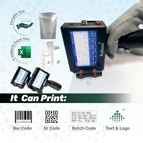 Image of Radiance Business Solutions ABS Lite Handheld TIJ Printer - 12.7mm Portable Batch Coding Machine - Lightweight Ergonomic Design with 4.3 Inch Touchscreen - for Expiry Date, MRP, Logos & QR Codes