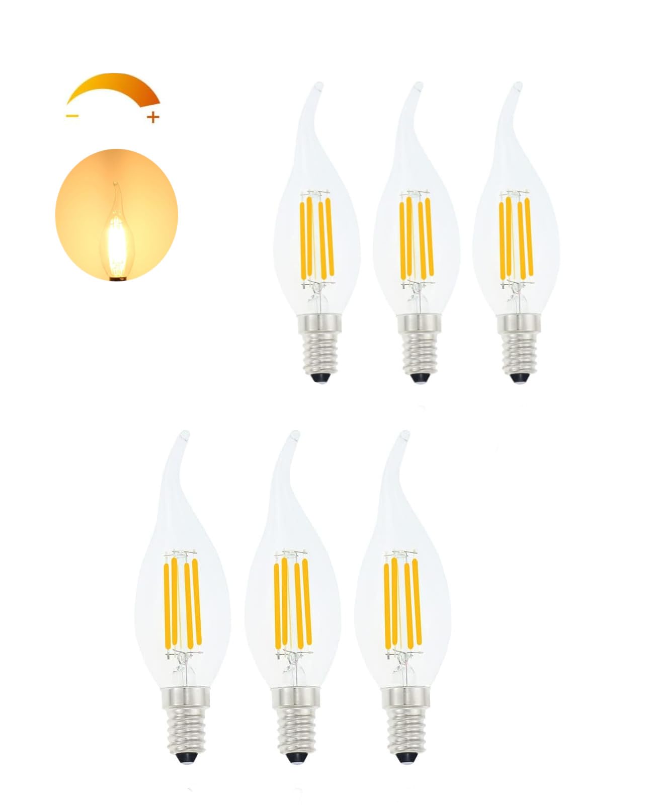 E14 LED Bulb 4W LED Chandelier Light Bulbs Dimmable(full range dimming (100% - 0%),Flame Tip Candelabra LED Bulbs,240V 2700K Warm White 6-Pack, 1 Year Warranty.
