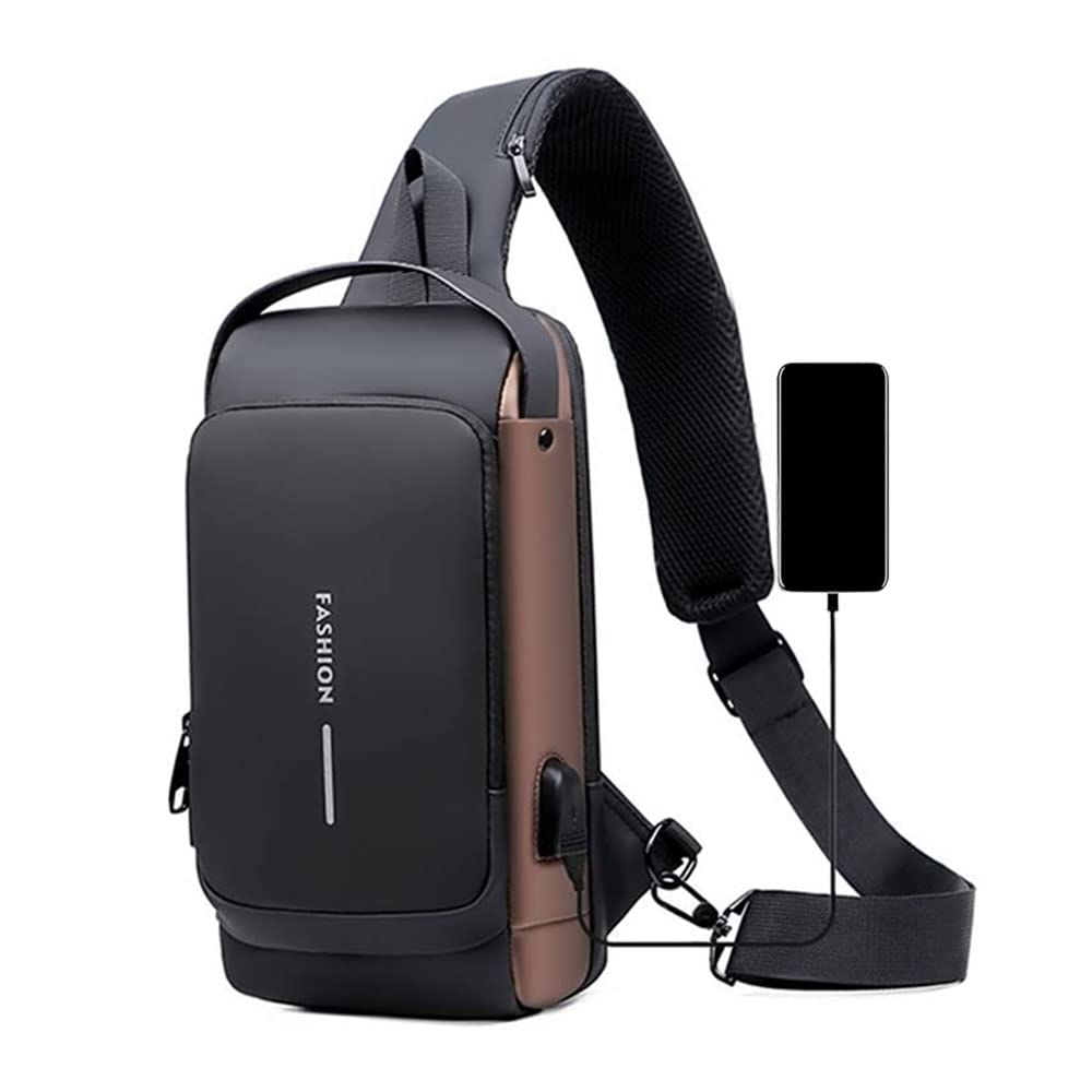 USB Charging Sport Sling Anti-Theft Shoulder Bag, Fashion Waterproof Sport Crossbody Bags for Men and Women (Black and Brown)
