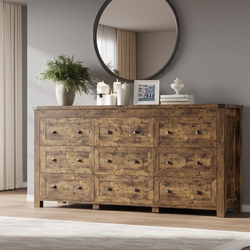 Image of BORNOON 9-Drawer Dresser, Modern Wooden Storage Chest of Drawers, Dresser TV Stand, Wood Drawer Organizer with Metal Handles for Bedroom, Living Room, Hallway