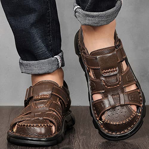 Image of Men's Sport Sandals Closed Toe Outdoor Handmade Leather Sandal Adjustable Summer Fisherman Beach Shoes