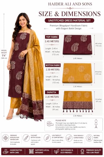 Image of HAIDER ALI AND SONS Women's Cotton Silk Batik Print Unstitched Dress Material with Dupatta | Handloom Salwar Suit Material | Kurta Fabric, Bottom & Dupatta Set | Ethnic Wear for Office