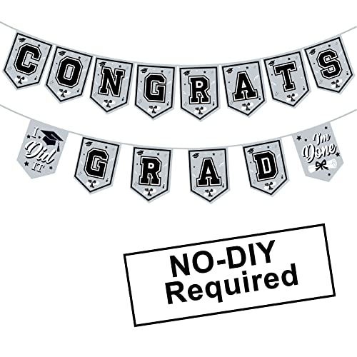 Image of 2026 Silver Graduation Banner - No DIY Required Graduation Party Supplies Decorations Grad Banner for College, High School Party (Silver and Black Congrats Grad)
