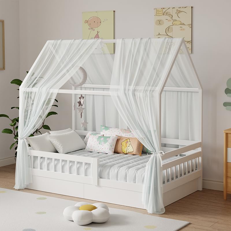 Zdada Hausbett Himmel Set, 2 Stück Betthimmel Hausbett für Hausbett Deko, Bett Vorhang für Mädchen Jungen Kinderbett Kinderzimmer Deko,140 x 340 cm