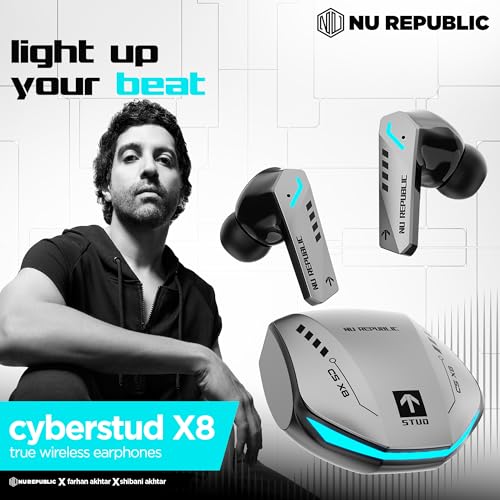 Image of Nu Republic Cyberstud X8 TWS Wireless Earbuds - Up to 56Hrs Playtime, 40ms Ultra Low Latency, ENC Mics, 13mm Neodymium Drivers, XBass Technology, Dual Mode for Gaming & Music, Bluetooth 5.3 (Silver)
