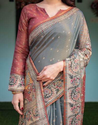 Image of SIRIL Women's Cotton Linen Printed Handloom Saree with Unstitched Blouse Piece