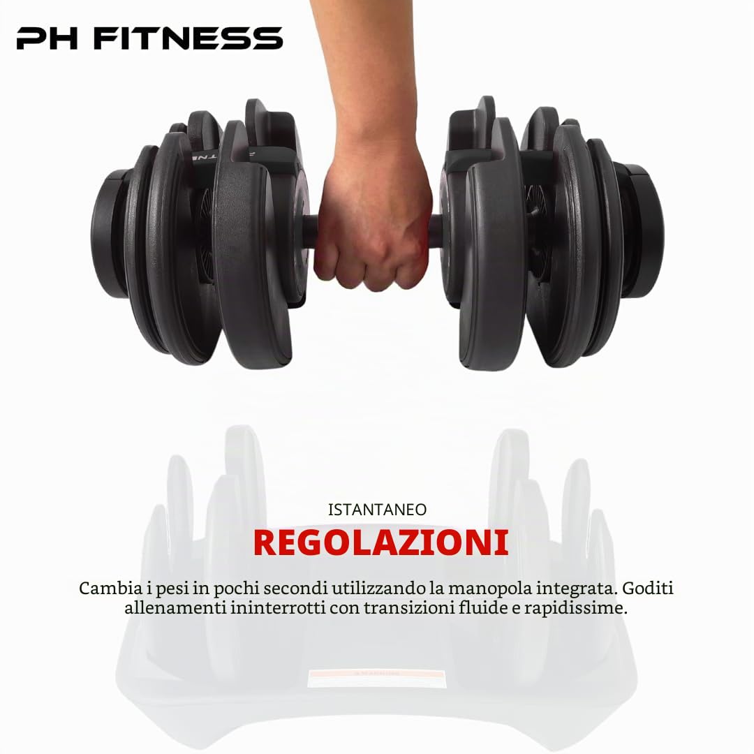 PH Fitness Manubri Regolabili Premium 24kg – 15 in 1 con Regolazione Rapida a Una Mano – Set Compatto per Palestra in Casa – 2,5-24 kg – Attrezzo Salvaspazio