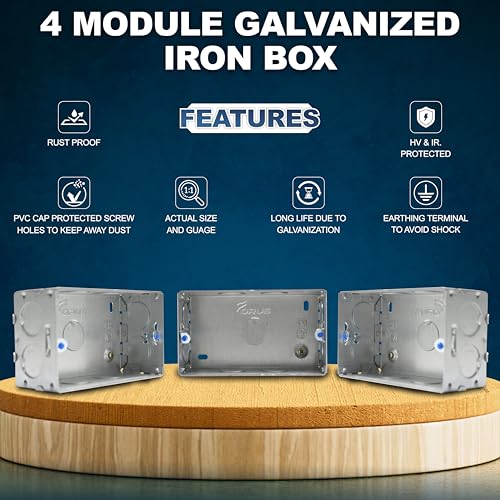 Image of Forus Concealed GI Sheet Metal Modular Box 4 Module, Excellent Quality Rustproof Galvanized Iron Heavy Duty Flush Mounting Electrical Junction Box, 18 Gauge thick 5x3 Inch Junction Box-3PC