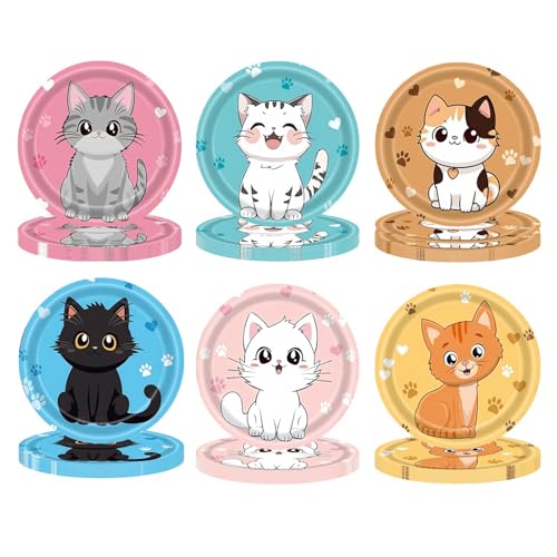 MaitianGuyou Lot de 60 assiettes de fête sur le thème du chat, assiettes à dessert en papier jetables pour fête prénatale (6 couleurs) - 17,8 cm