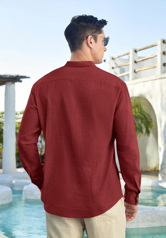 Image of Macsivo Cotton Blend Solid Casual Short Kurta for Men Long Sleeve Mandarin Collar Stylish Shirt Kurta for Men