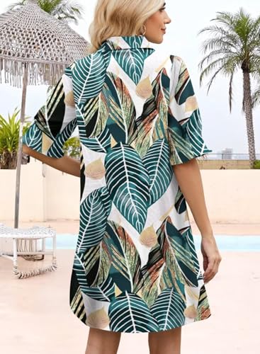 Image of Womens Summer Shirt Mini Dresses 2026 Beach | Flowy Shift Dress, Button V Neck, Polo Collar, Ruffle Short Sleeve, Floral Boho Style, Casual Vacation Outfits with Pockets