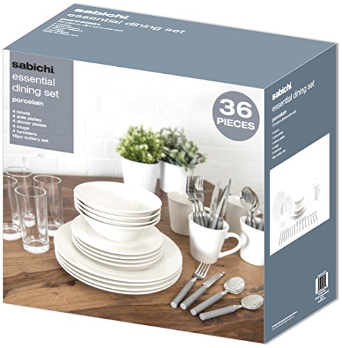 Sabichi 36pc Day to Day White Dinner Set - Microwave & Dishwasher Safe - Plates and Bowls Set for 4-4 X Dinner Plates, 4X Mugs, 4 X Side Plates, 4 X Soup Bowls, 4X Mugs 16x Cutlery, 24.5 x 31 x 33 cm