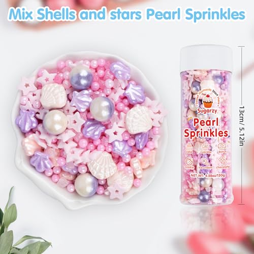 Image of Sugarzy Edible Pink Sprinkles for Cake Decorating,130g /4.58oz,Purple Pink Pearl Sugar Sprinkle Mix Shell,Baking Candy Pearls Decorations,Perfect for Cookies,Donuts,Cupcake Topper,Birthday Holiday Party Supplies