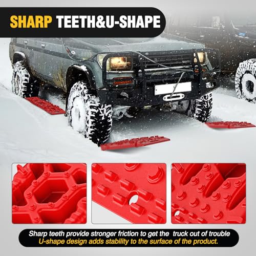 Image of Nilight Recovery Off-road Traction Boards with Jack Lift Base Emergency Tire Ladder Mats For 4WD 4X4 Mud Sand Snow with 2PCS Mounting kit Carry Bag 2 leashes (Red)