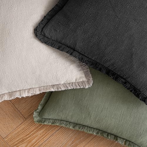 Image of MIULEE Decorative Throw Pillow Covers Neutral Linen Fringe Throw Pillows Euro Shams Set of 2 Black Boho Farmhouse Cushion Covers for Couch Sofa Bed Living Room Spring Home Decor 22x22 Inch