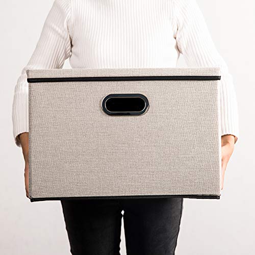 Image of PRANDOM Large Foldable Storage Bin with Lid [1-Pack] Linen Fabric Decorative Storage Box Organizer Container Basket Cube with Handles Divider for Closet Office Living Room Light Grey(17.7x11.8x11.8)