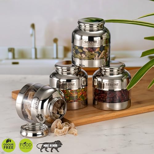 Image of Serene Stainless Steel Exotic See-Through Jar | Airtight Jars for Kitchen Storage | Premium Steel Jars with One Turn Lock Lid | Transparent Stainless Steel Containers | 400ML | 4 PC