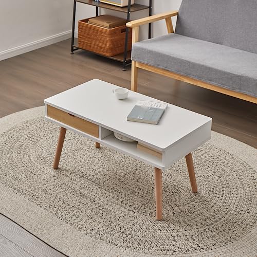 ローテーブル センターテーブル 引き出し付き 一人暮らし 机 天然木足 北欧 組立品 幅80*奥行40*高さ37cm オシャレ (ナチュラル&ホワイト)