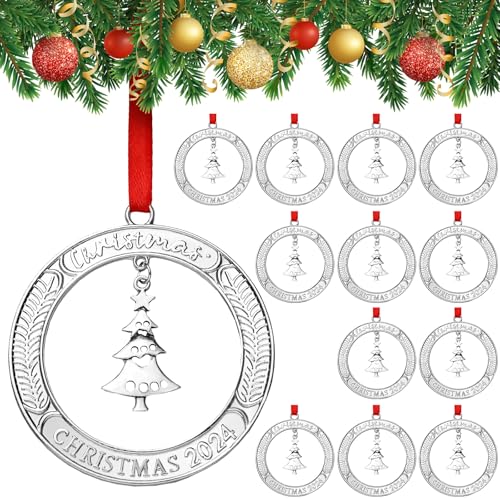 Jinei 12 Pcs Christmas Wreath Ornament Bulk with Rotatable Tree Metal for Xmas Tree Decorative Holiday Keepsake Gift