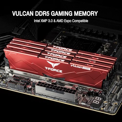 Image of TEAMGROUP T-Force Vulcan DDR5 32GB (2x16GB) 6000MHz (PC5-48000) CL38 Intel XMP 3.0 & AMD Expo Compatible Desktop Memory Module Ram Red FLRD532G6000HC38JDC01