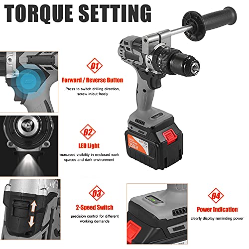 XXZZL Akku-Bohrschrauber Akku-Schlagbohrschrauber Bohrschrauber 21V 2x2.0 Ah Maximaler Drehmoment 200 Nm 21+3… – Bild 4