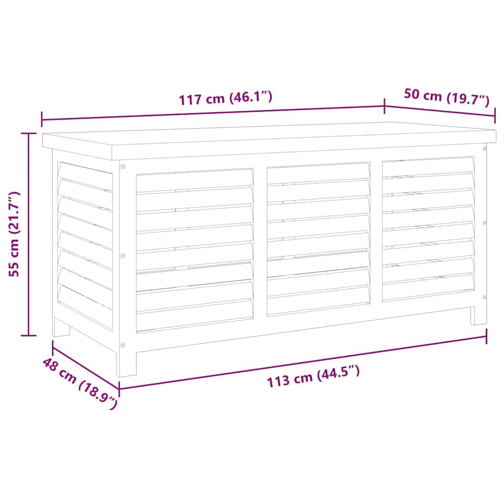 Caja de jardín con placa de metal 117 x 50 x 55 cm, espacio para cojines y cojines, madera maciza de eucalipto como banco y caja de almacenamiento