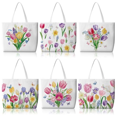 Bencailor 6 Pcs Pastel Tulip Canvas Tote Bags Bulk Reusable Floral Gift Bag by Bencailor - Used condition - US$17.00
