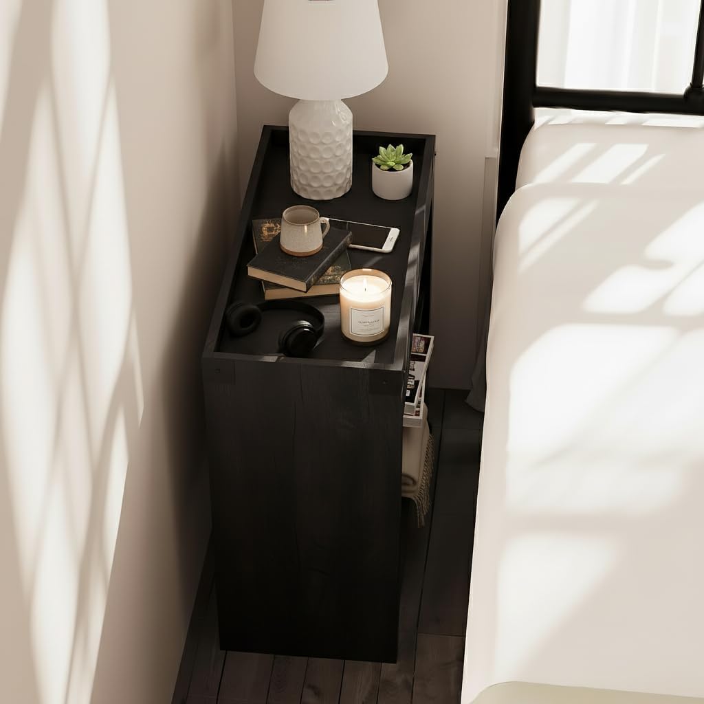 Farmhouse Narrow Side Table with Tray Top & Magazine Rack, 24" H Sofa Couch Side Table with Storage Shelf, Slim End Table for Small Spaces, Modern Nightstand for Bedroom, Living Room (Black)