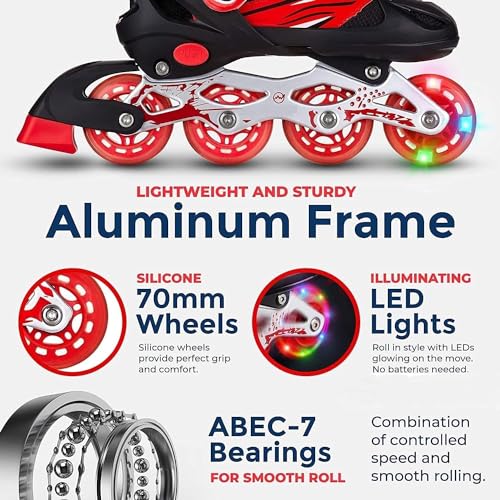 Image of TEKCOOL 4 Wheels Adjustable Inline Skates Skating Shoes for Boys Kids Girls Skating Shoe Adjustable Roller Blades Age 6 to 15 Years PU Strong Wheels Aluminium with LED Flash Light on Wheels