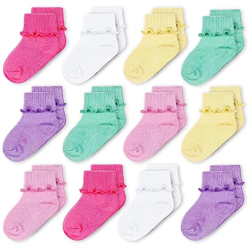 Image of CozyWay Baby Girls Socks Ruffle Ripple Edge Turn Cuff Socks for Baby Toddler Girls | 12-Pairs