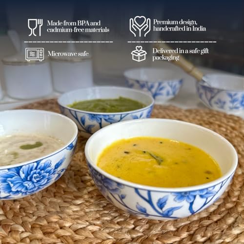 Image of GOLDEN QUEEN'S Bowl Set of 6 | Perfect for Rice, Dal, Curry, Snacks & More | Microwave Safe | 4 Inch Wide - Sapphire Bloom Bowls